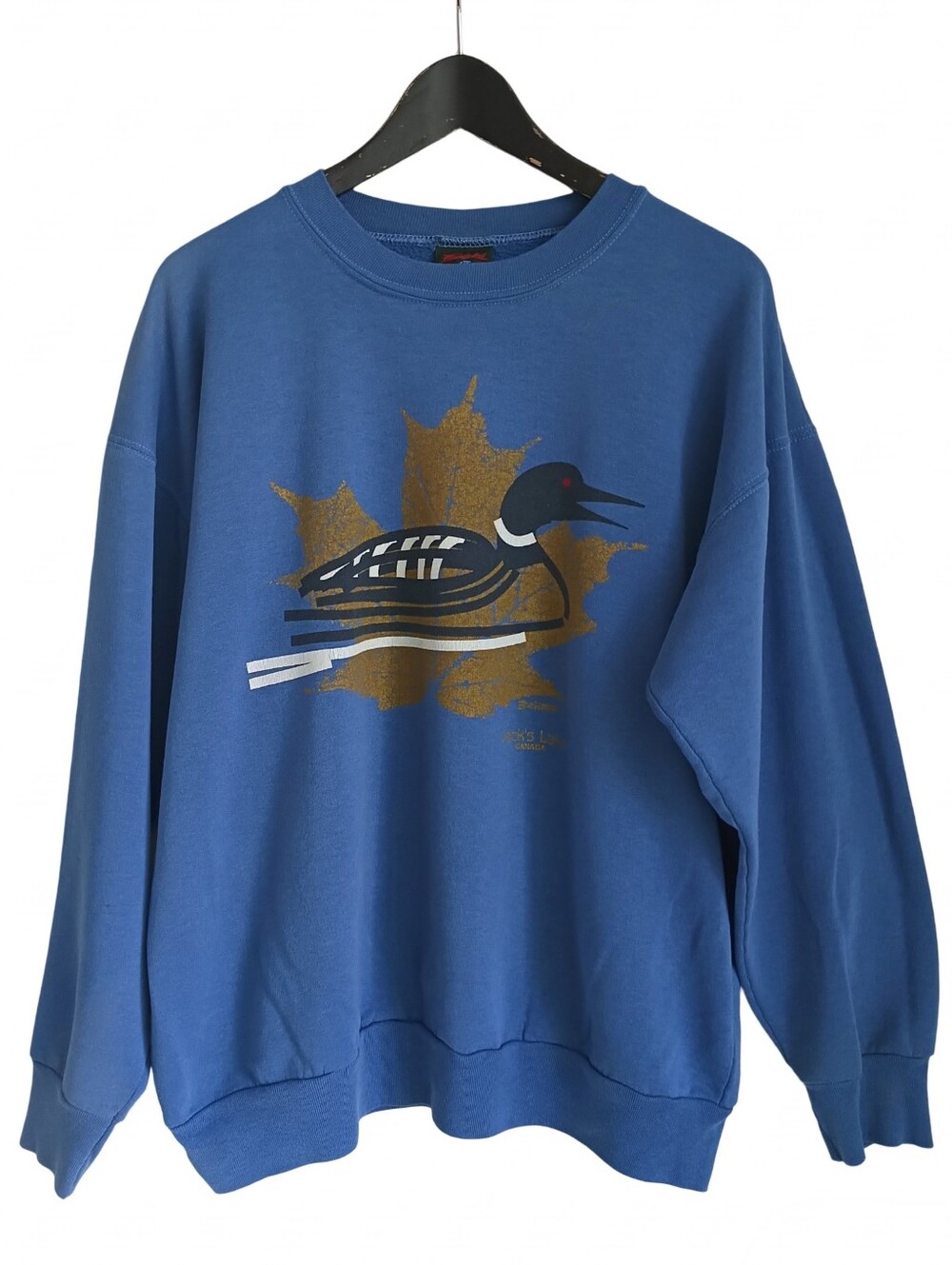Vintage 90s Thunderbird Loon Graphic Sweatshirt Blue Jacks Lake Canada Mens L